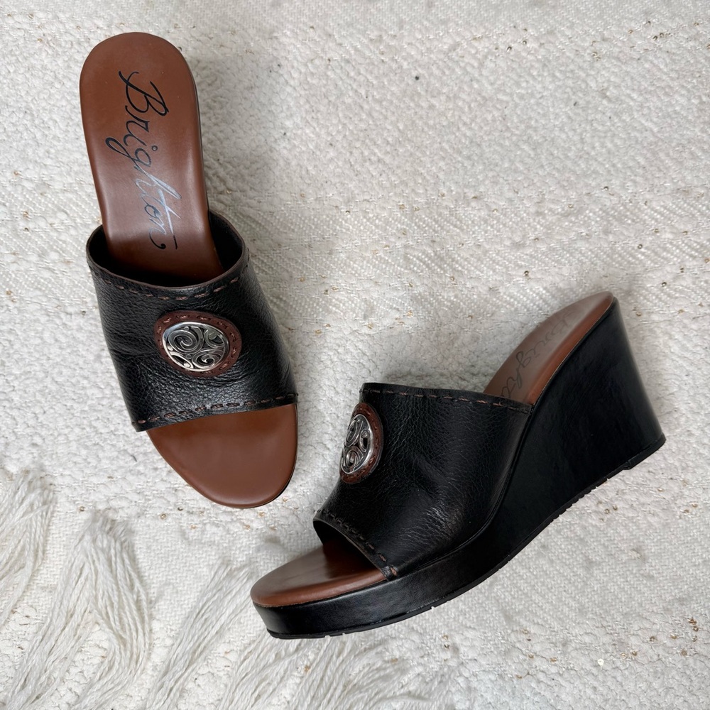 Brighton brown and black leather platform wedge heel open toe sandals size 8.5
